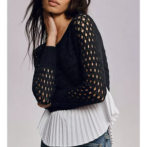 Anthropologie Maeve Layered Pleated Crochet Sweater Size XL Black White